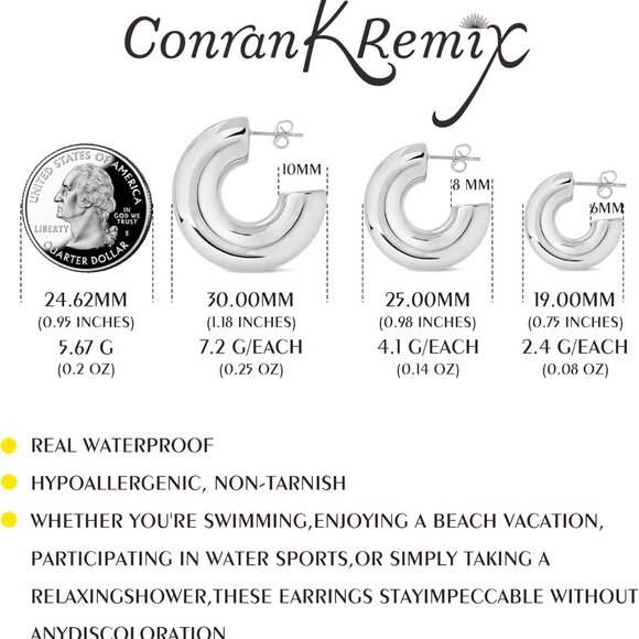 19mm Silver Waterproof Hollow Chunky Hoop Earrings for Women, Hypoallergenic, Li - Picture 2 of 5